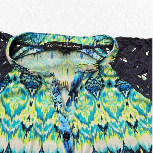 French Laundry Green Blue Watercolor V Neck Relaxed High Low Blouse Size 1X - Picture 3 of 10